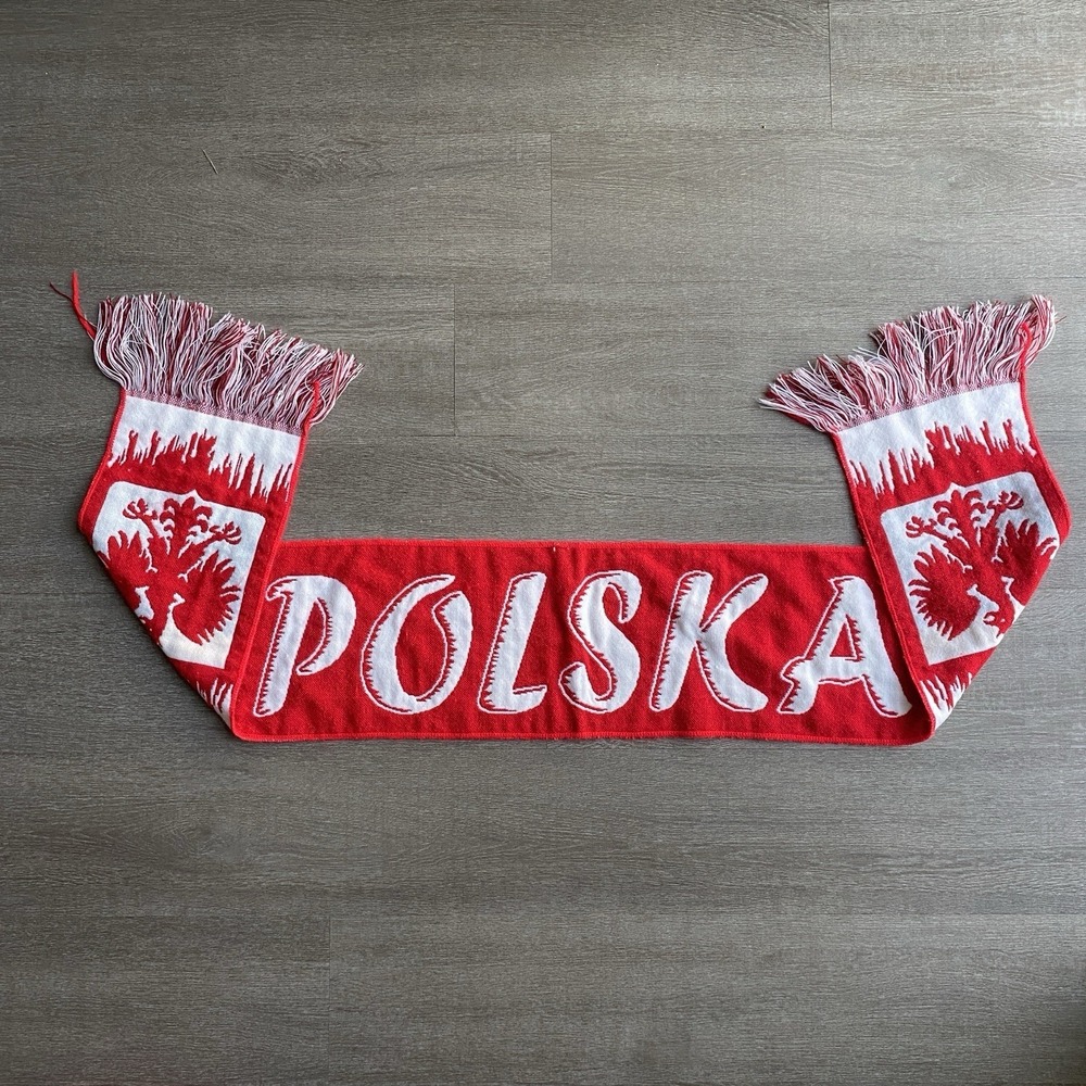 Poland Red & White Bialo & Czerwoni Woven Knit Scarf Polska Word Fringe  1380